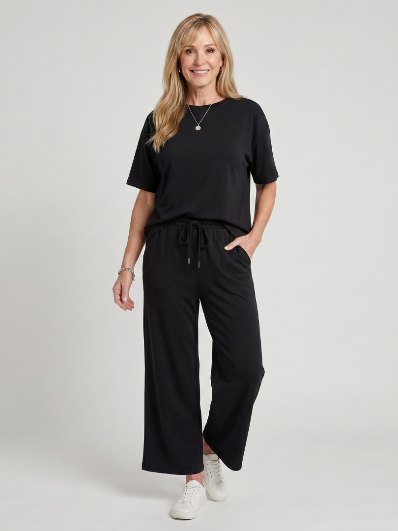 Wihel | Short Sleeve Drawstring Waist And Straight Leg Pants Set