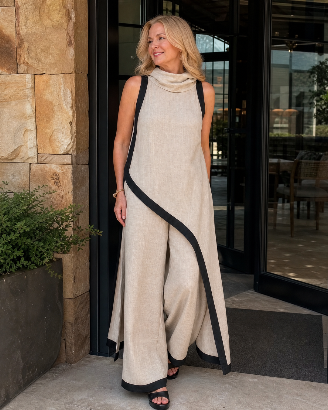 Valthera | Contrast Trim Sleeveless Layered Top And Wide Leg Pants Set