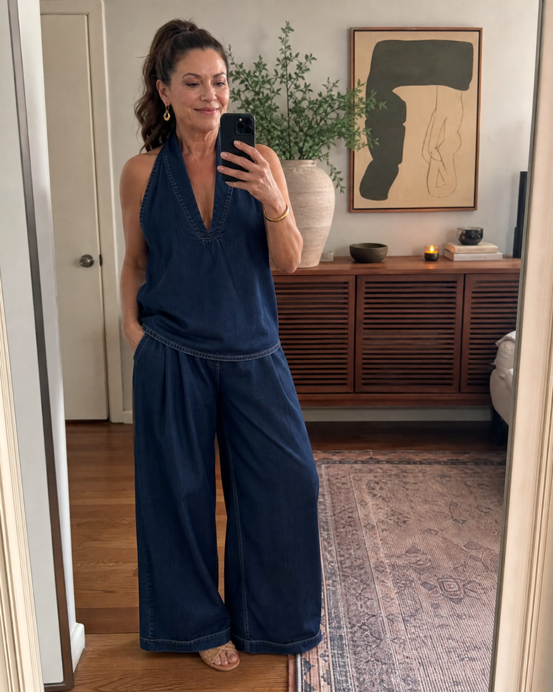 Zorelle | Halter Neck Denim Top And Wide Leg Pants Set