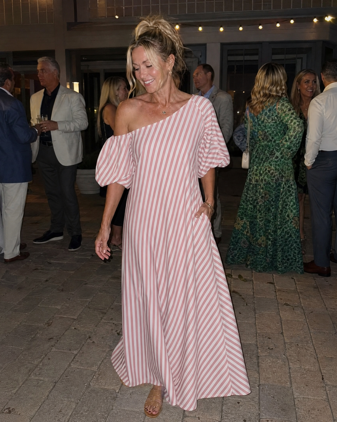 Zamrina | Striped Off Shoulder Puff Sleeve Midi Dress