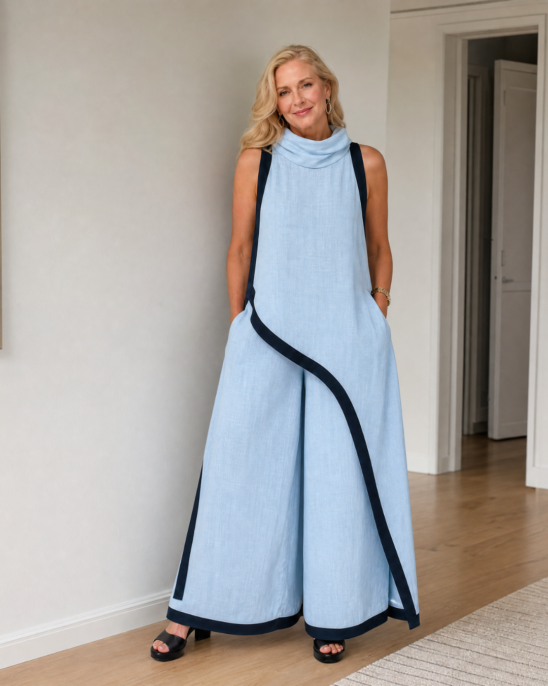 Valthera | Contrast Trim Sleeveless Layered Top And Wide Leg Pants Set