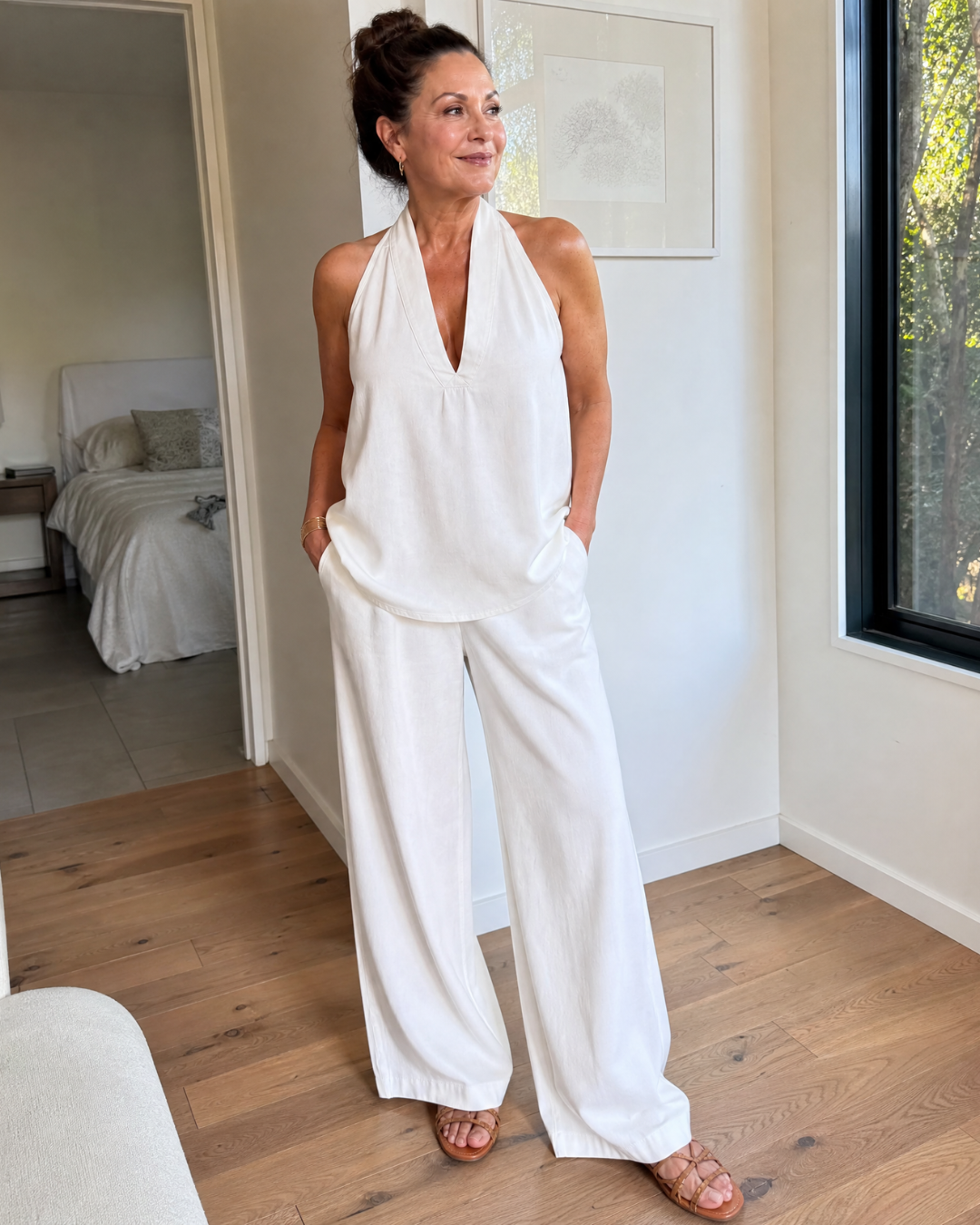 Zorelle | Halter Neck Denim Top And Wide Leg Pants Set