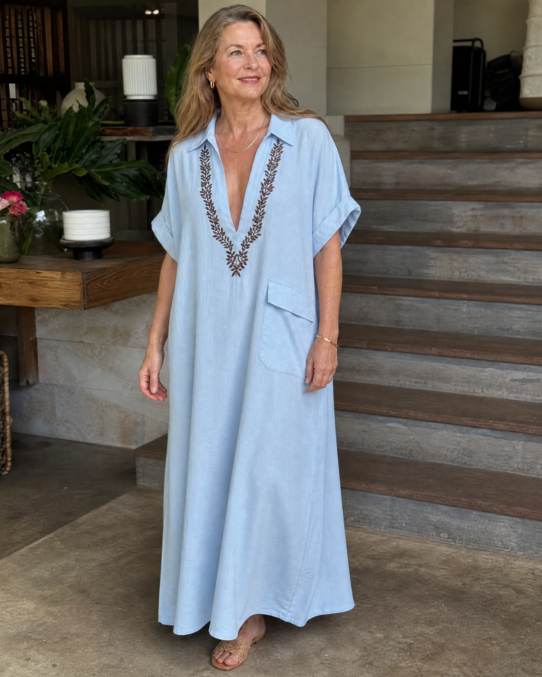 Elakeja | Embroidered V Neck Pocket Detail Relaxed Midi Dress