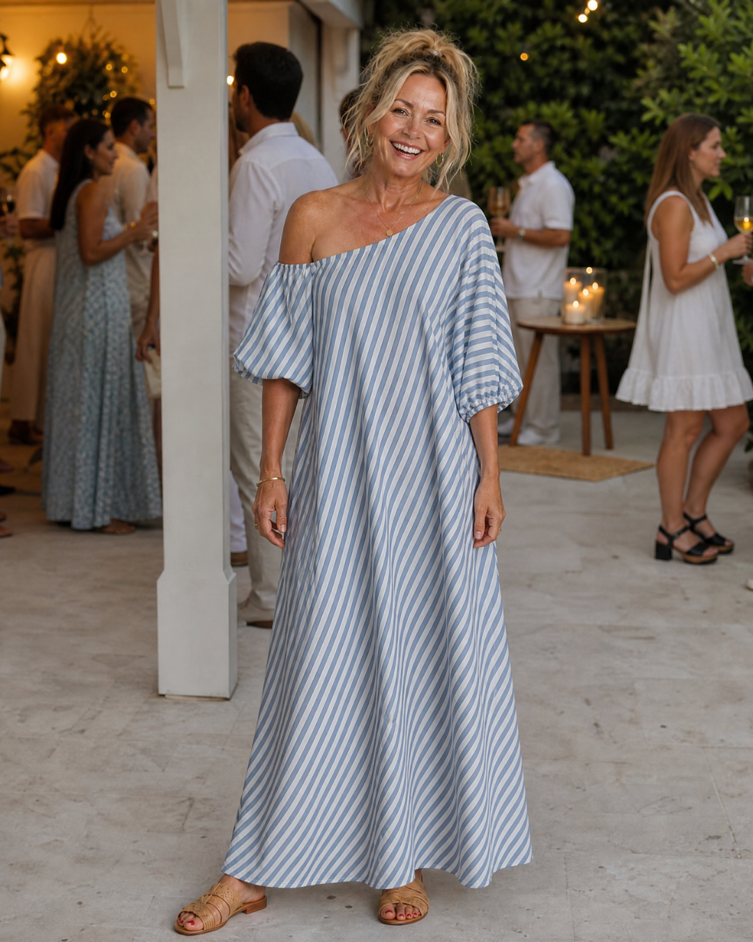 Zamrina | Striped Off Shoulder Puff Sleeve Midi Dress