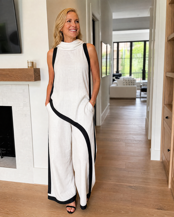 Valthera | Contrast Trim Sleeveless Layered Top And Wide Leg Pants Set