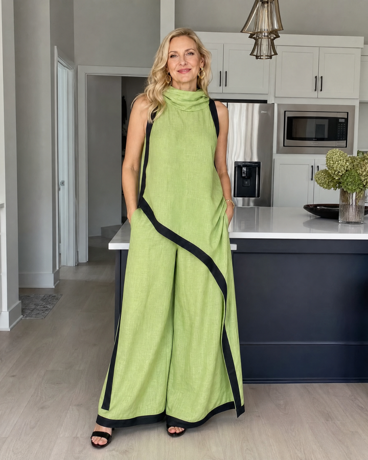Valthera | Contrast Trim Sleeveless Layered Top And Wide Leg Pants Set