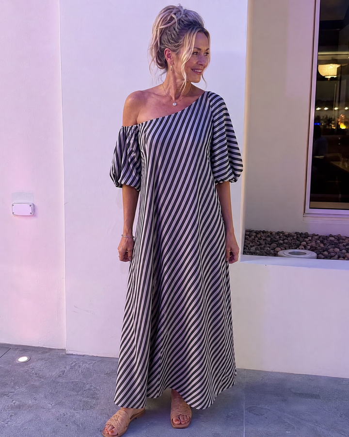 Zamrina | Striped Off Shoulder Puff Sleeve Midi Dress