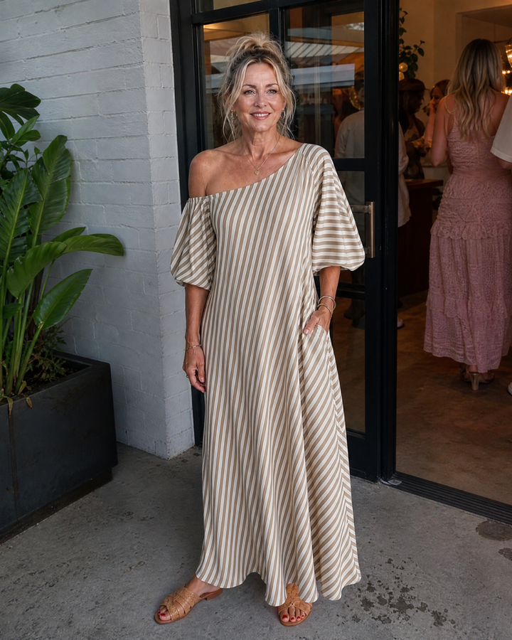 Zamrina | Striped Off Shoulder Puff Sleeve Midi Dress