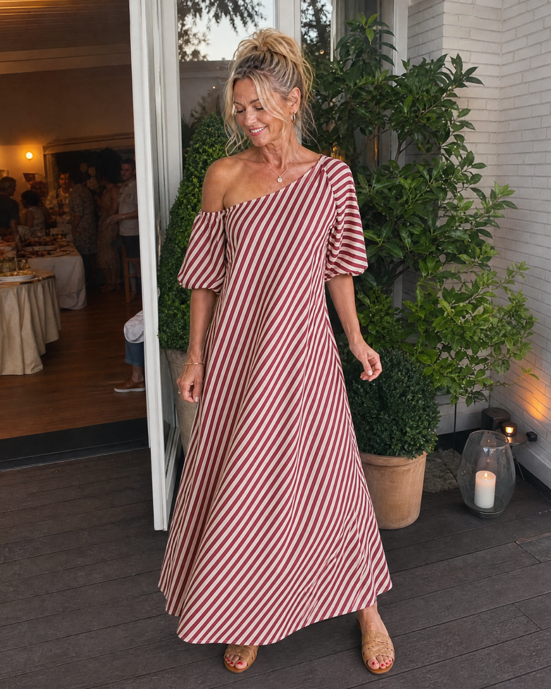 Zamrina | Striped Off Shoulder Puff Sleeve Midi Dress