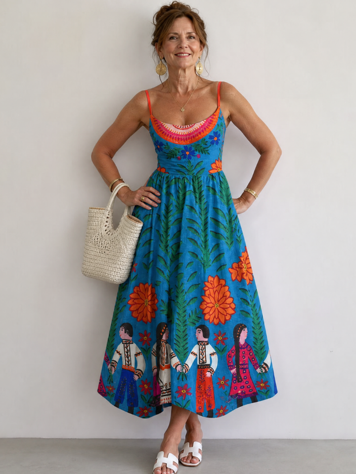 Xylienne | Folk Print Sleeveless Midi Dress