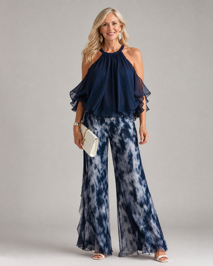 Xylara | Layered Halter Neck Printed Wide Leg Set