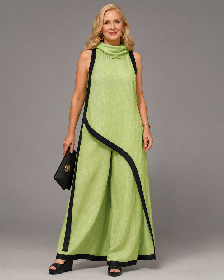 Valthera | Contrast Trim Sleeveless Layered Top And Wide Leg Pants Set