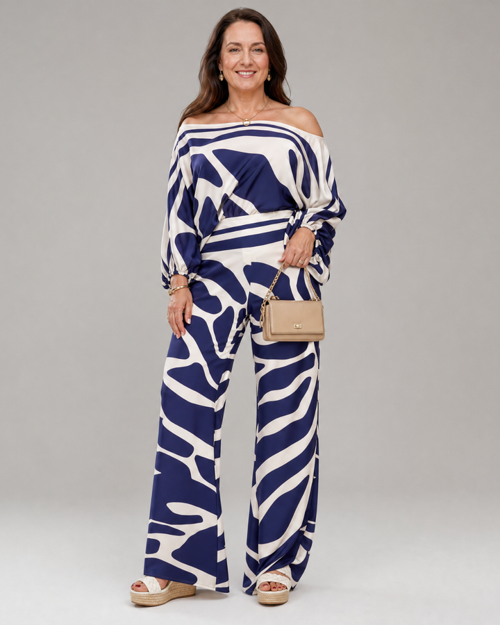 Sulaya | Abstract Print Off Shoulder Top And Wide Leg Pants Set