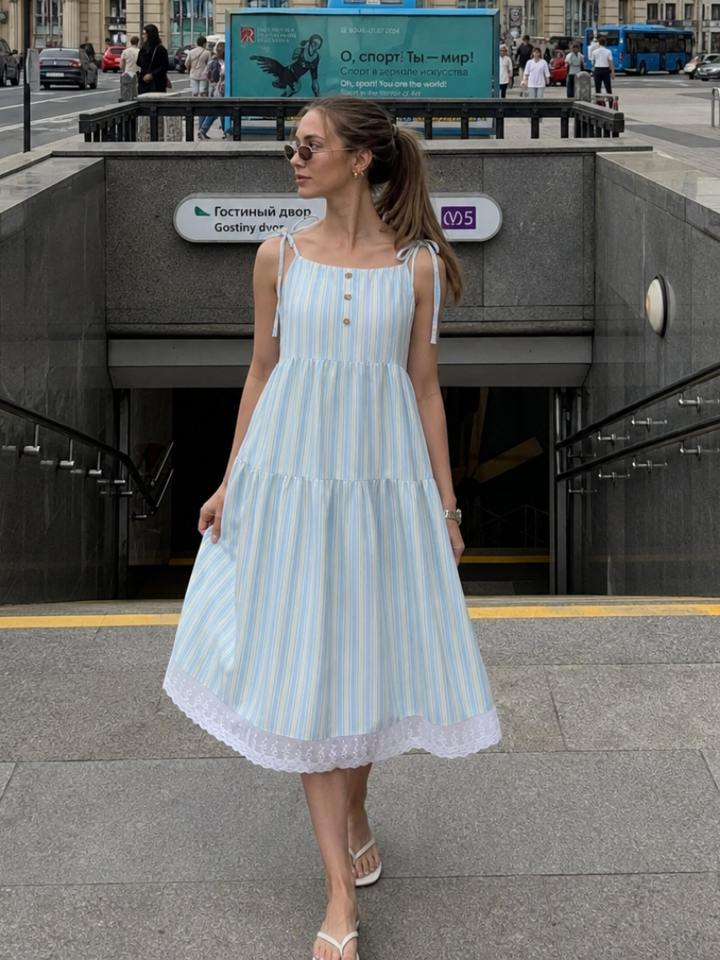 Nathalia | Sleeveless Tie Strap Stripe Pattern Midi Dress