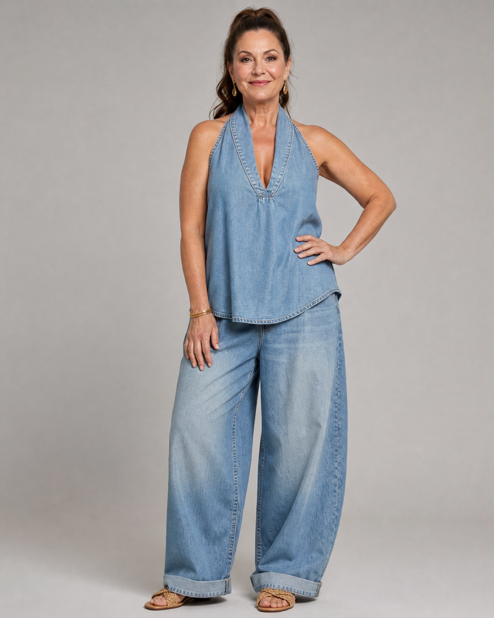 Zorelle | Halter Neck Denim Top And Wide Leg Pants Set