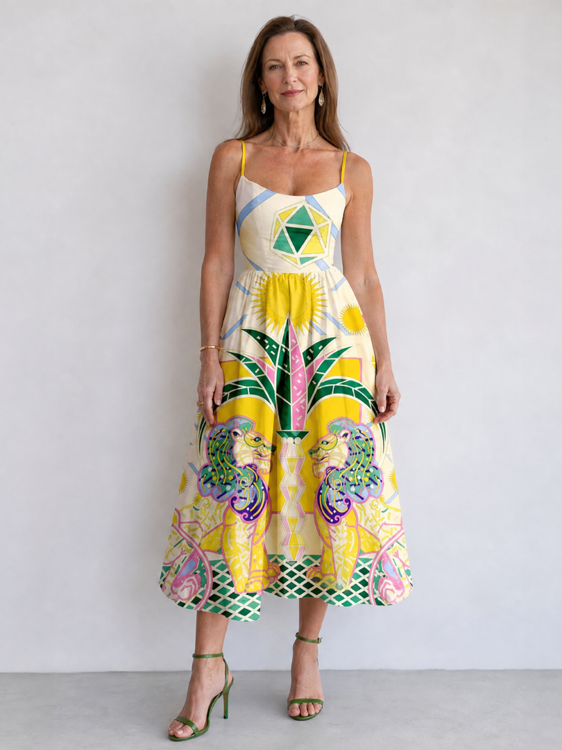 Zephyrelle | Geometric Lion Print Midi Dress