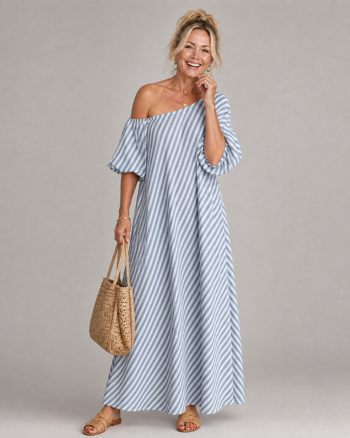 Zamrina | Striped Off Shoulder Puff Sleeve Midi Dress