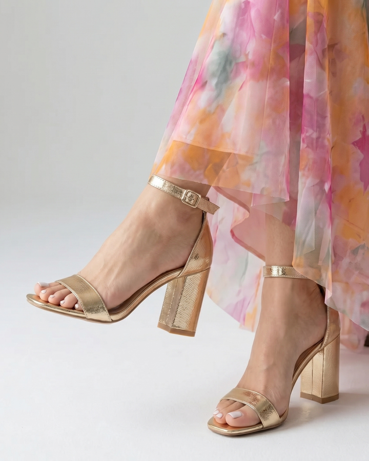 Calista | Metallic Ankle Strap Block Heel Sandals