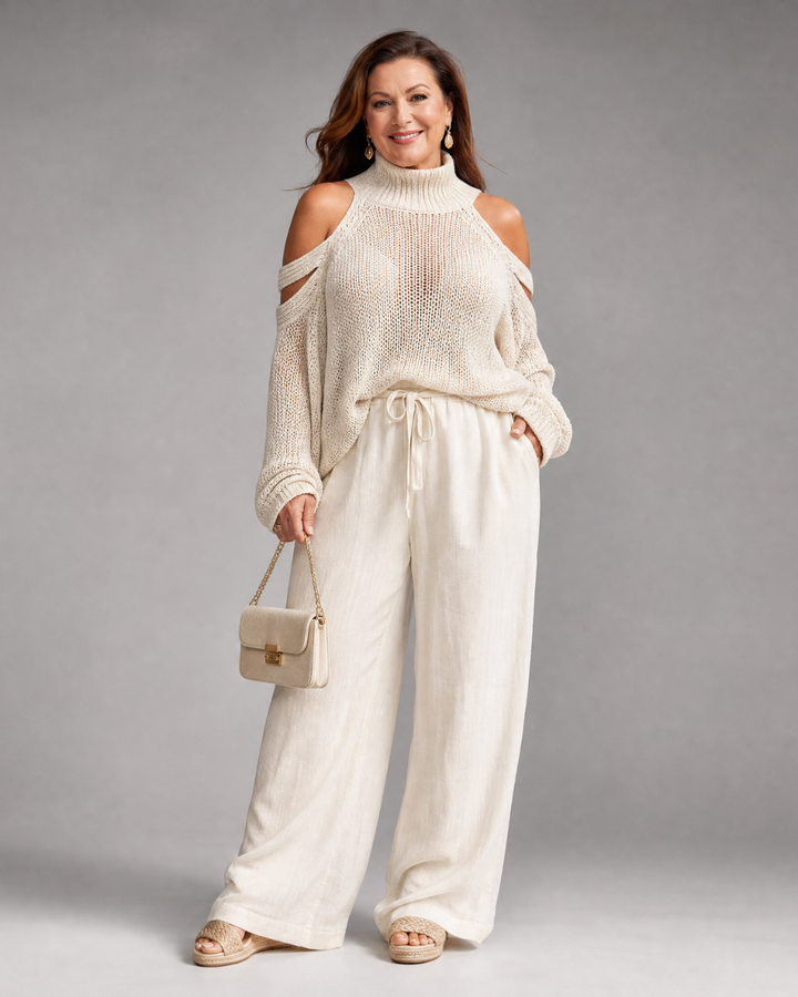 Elamen | Cold Shoulder Knit Sweater Wide Leg Pants Set