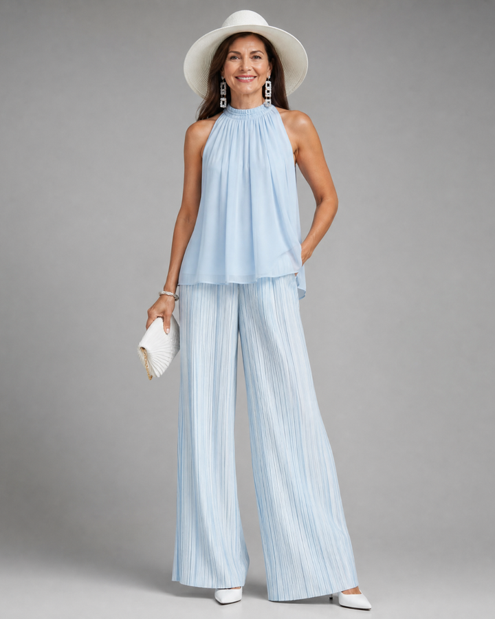 Sylmara | Halter Neck Flowing Top And Pleated Wide Leg Pants Set