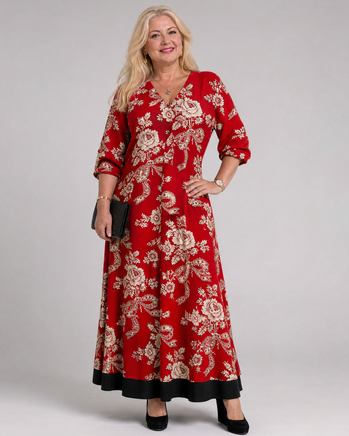 Thopal | Vintage Floral V Neck Relaxed Midi Dress