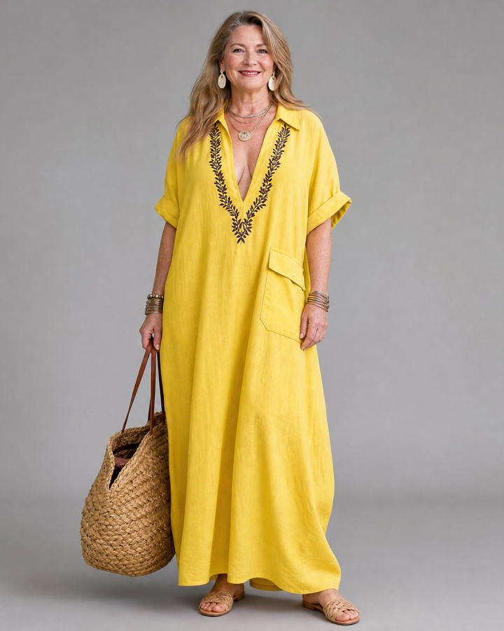 Elakeja | Embroidered V Neck Pocket Detail Relaxed Midi Dress