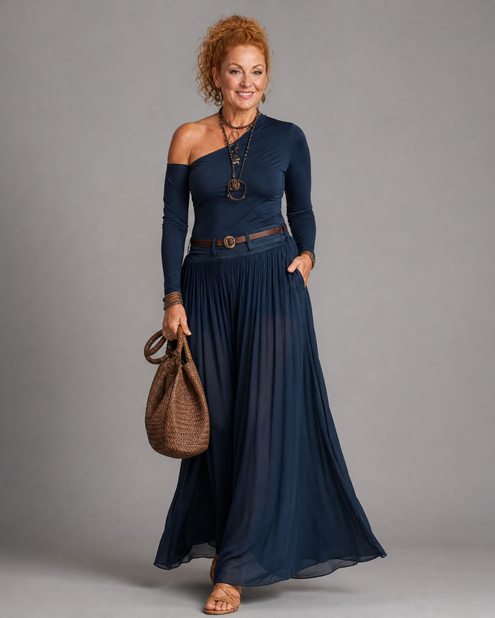 Nythera | One Shoulder Fitted Top And Pleated Maxi Skirt Set