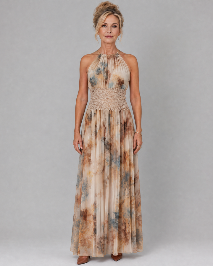 Elavenue | Halter Neck Lace Waist Maxi Dress