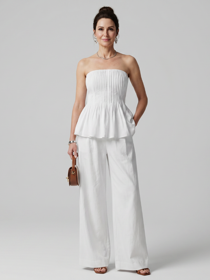 Rila | Strapless Smocked Top And Wide Leg Pants Set