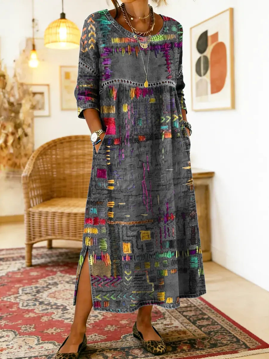 Manuela Printed Dress with Ethnic Patchwork
