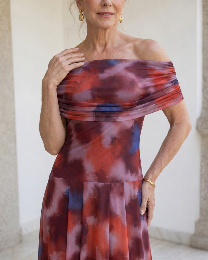 Violla | Off Shoulder Watercolor Print Flowing Midi Dress
