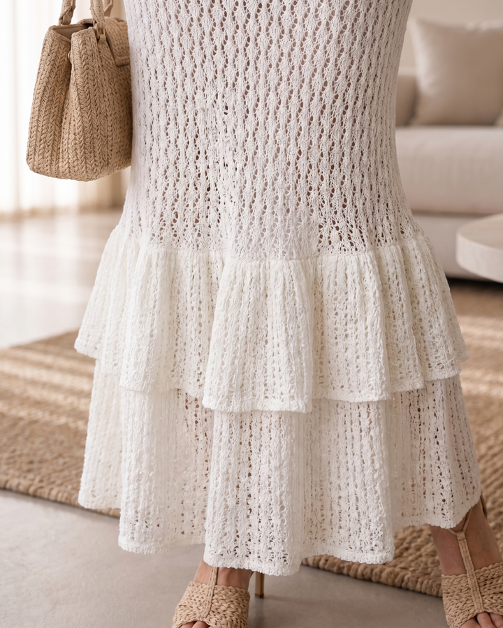 Elarique | Open Knit Ruffle Hem Bodycon Midi Dress