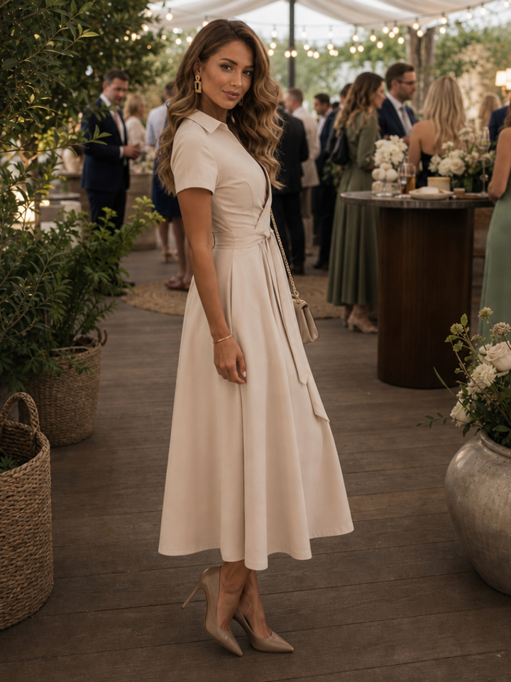 Eleq | Short Sleeve Collared Wrap Waist Midi Dress
