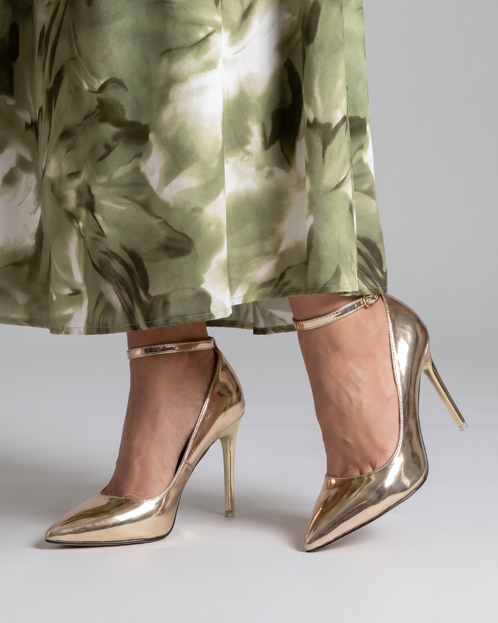 Elowen | Metallic Pointed Toe Ankle Strap Pumps