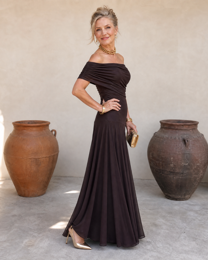 Valerinne | Off Shoulder Draped Bodice Flowing Maxi Dress