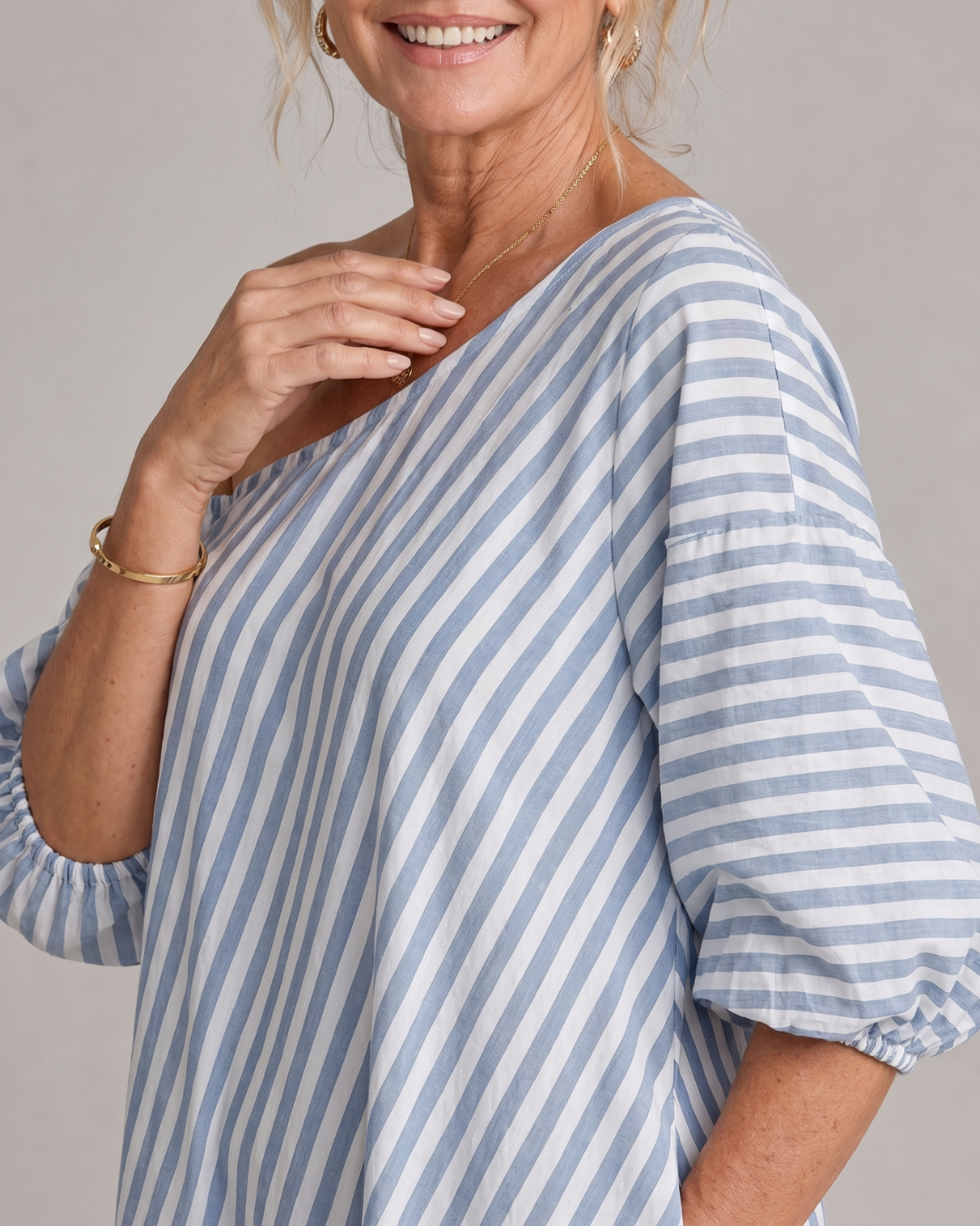 Zamrina | Striped Off Shoulder Puff Sleeve Midi Dress