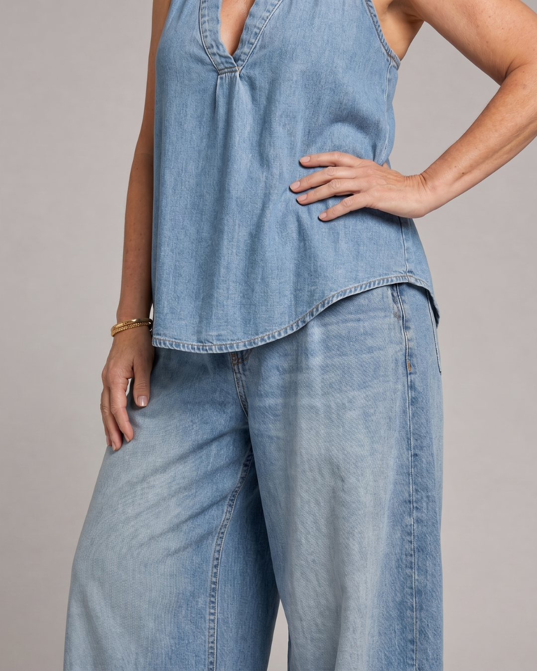 Zorelle | Halter Neck Denim Top And Wide Leg Pants Set