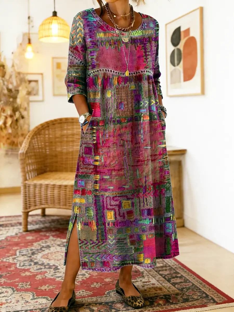 Manuela Printed Dress with Ethnic Patchwork