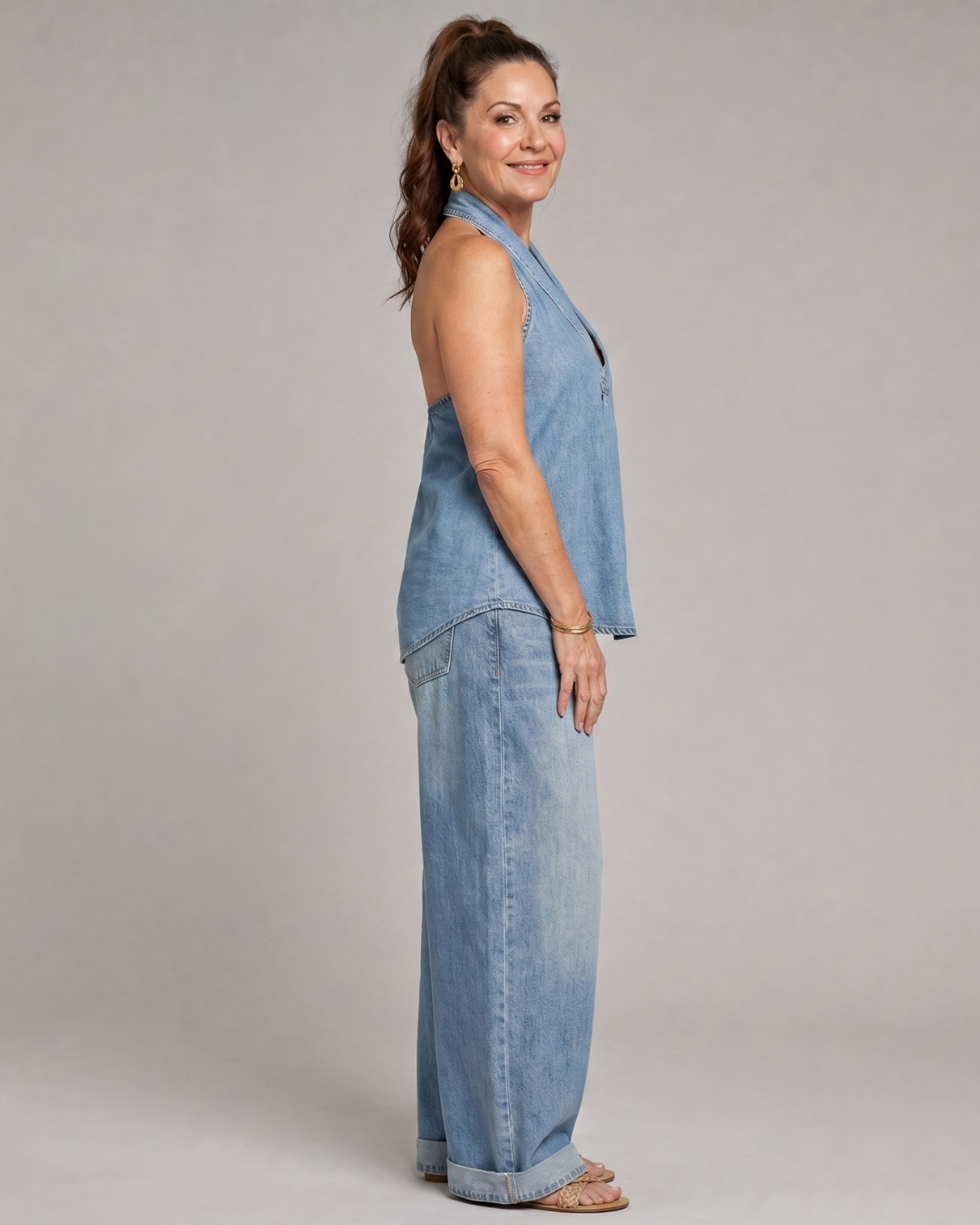 Zorelle | Halter Neck Denim Top And Wide Leg Pants Set