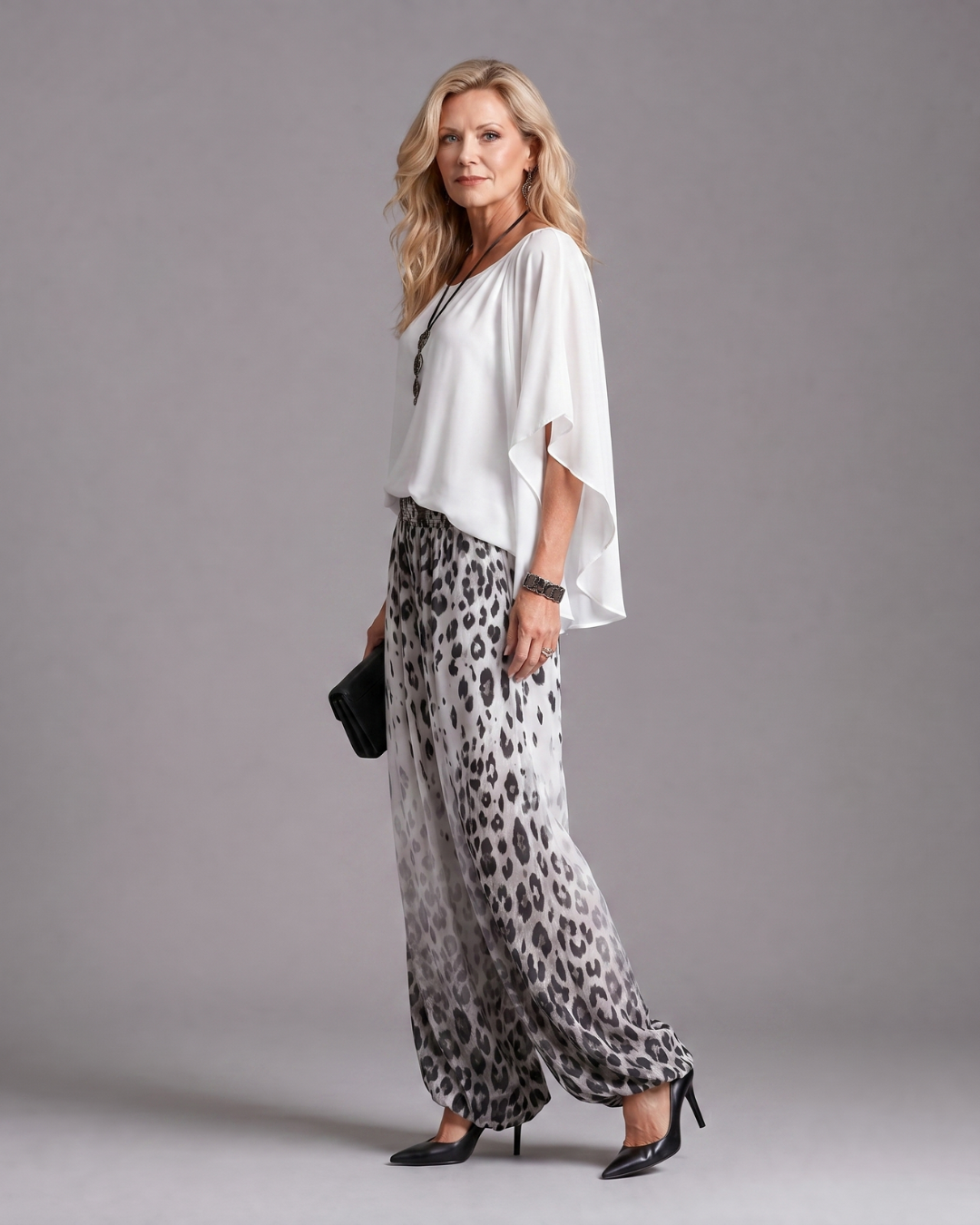 Zephyrel | Flowing Chiffon Top And Printed Wide Leg Pants Set