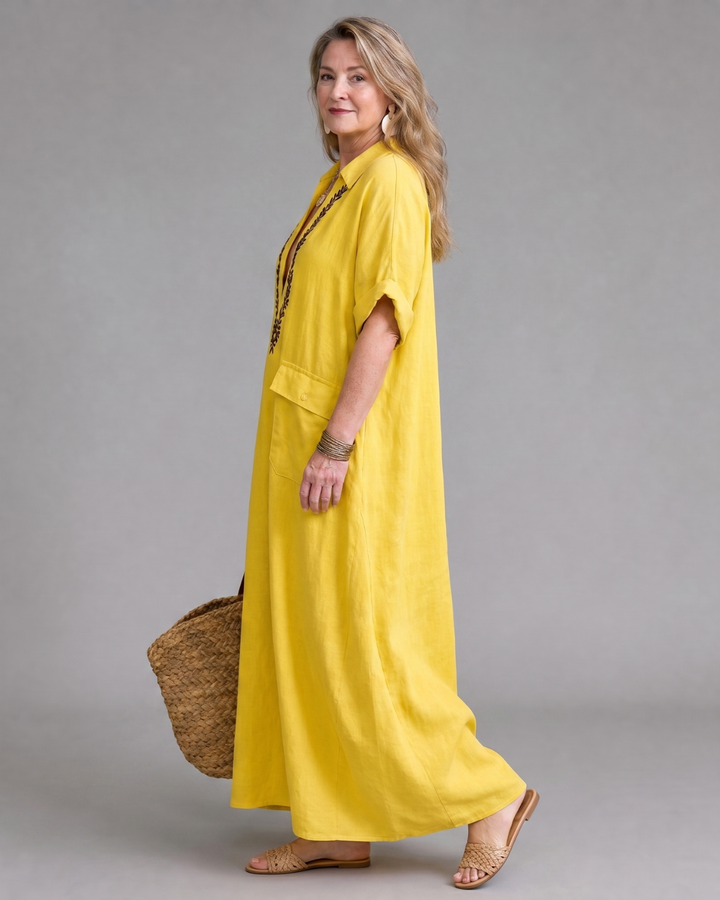 Elakeja | Embroidered V Neck Pocket Detail Relaxed Midi Dress