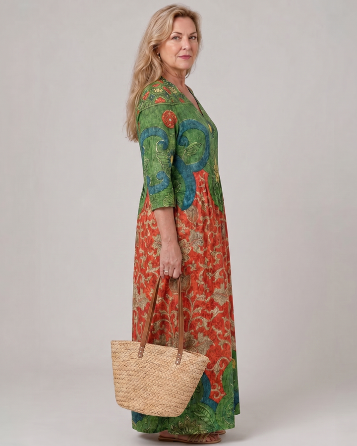 Zeloria | Abstract Vintage Print Relaxed Three Quarter Sleeve Midi Dress