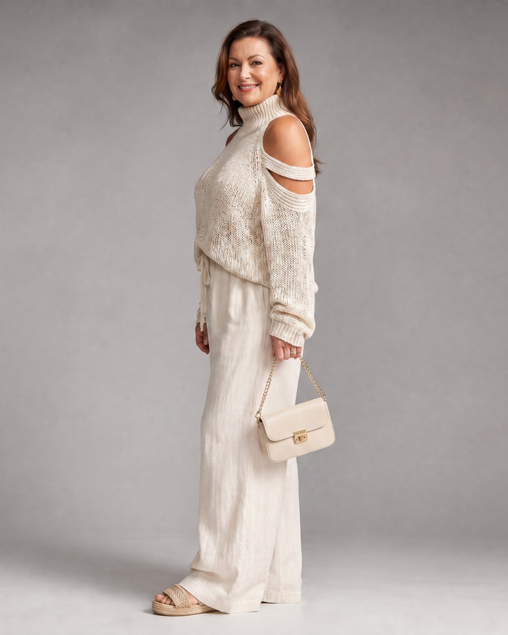 Elamen | Cold Shoulder Knit Sweater Wide Leg Pants Set