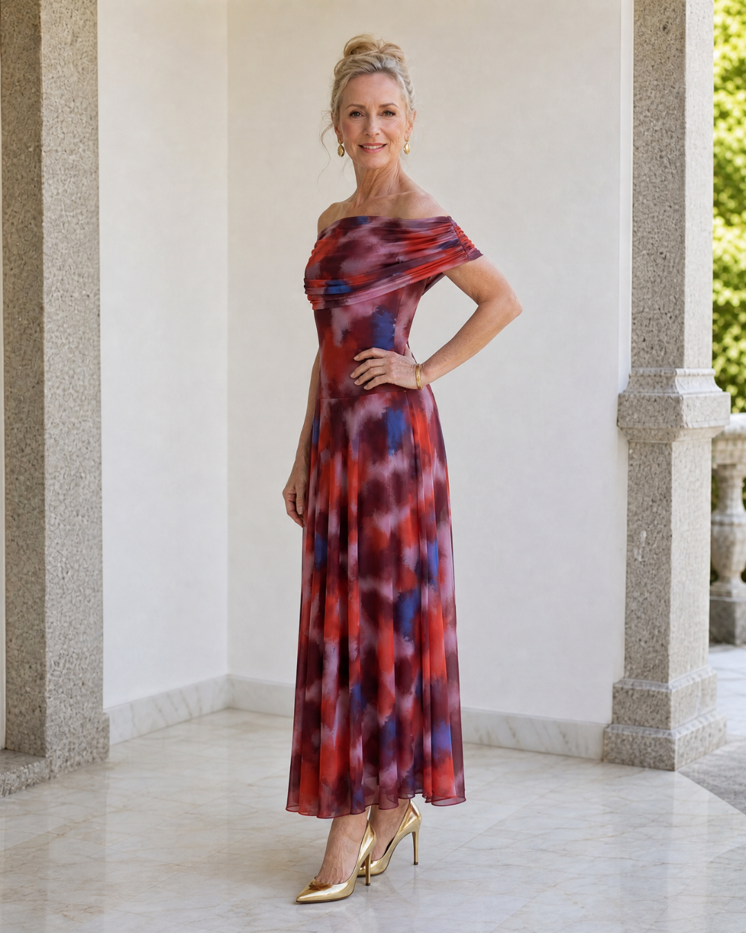 Violla | Off Shoulder Watercolor Print Flowing Midi Dress