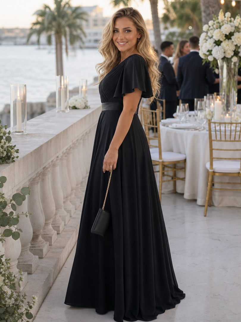 Mige | Short Flutter Sleeve Defined Waist Maxi Dress