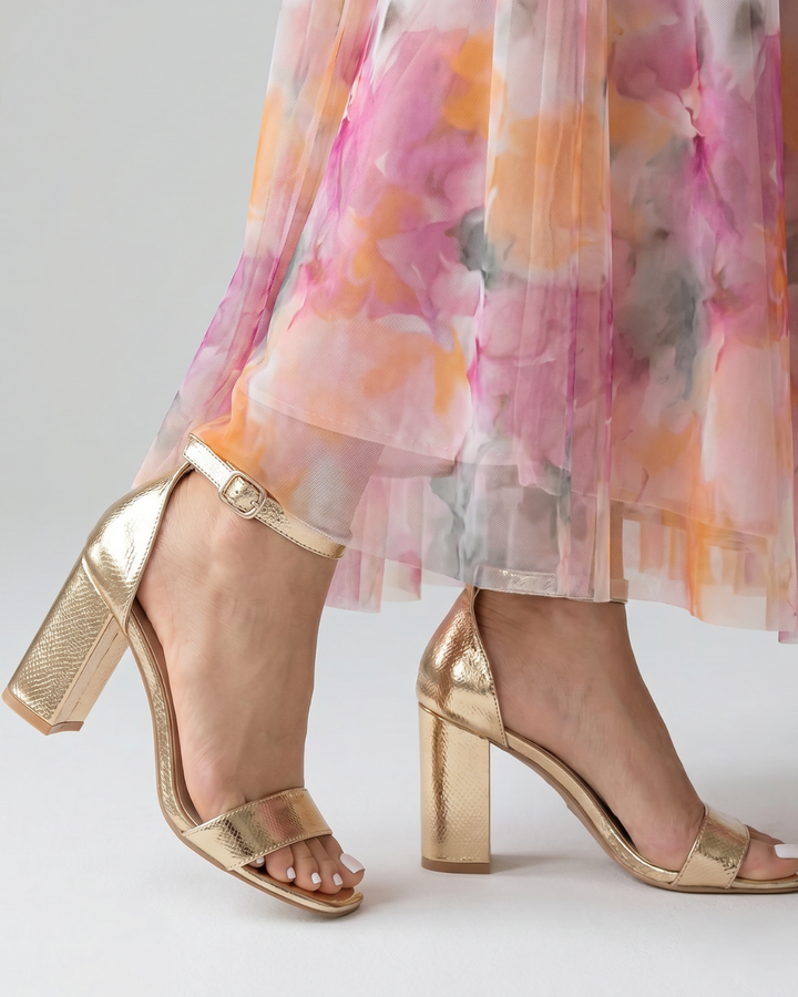 Calista | Metallic Ankle Strap Block Heel Sandals