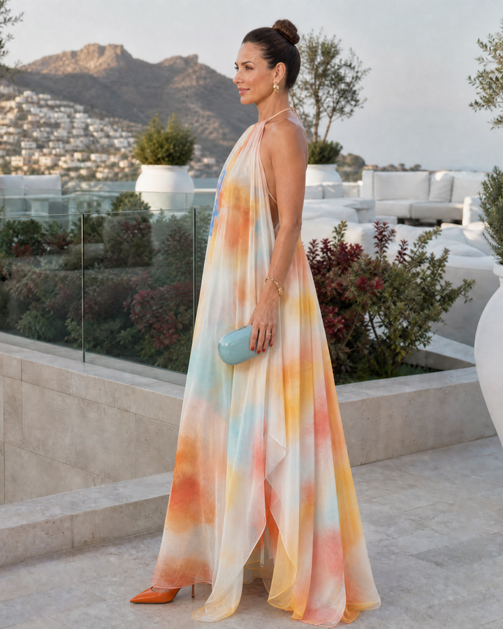 Solmira | Watercolor Halter Flowing Maxi Dress