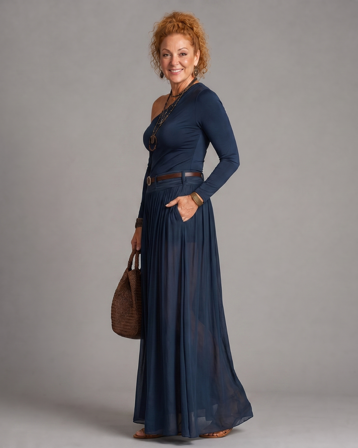 Nythera | One Shoulder Fitted Top And Pleated Maxi Skirt Set