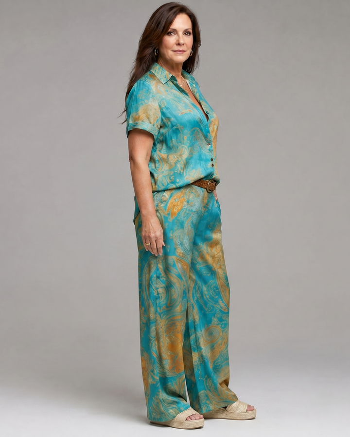 Zafim | Paisley Print Short Sleeve Top And Wide Leg Pants Set