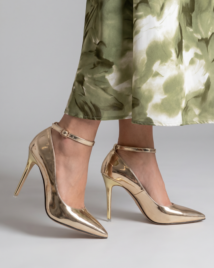 Elowen | Metallic Pointed Toe Ankle Strap Pumps